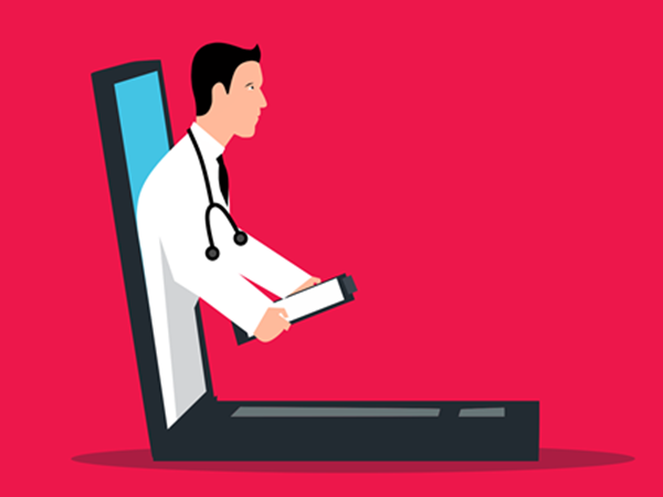 a cartoon of a pharmacist coming out of a laptop screen