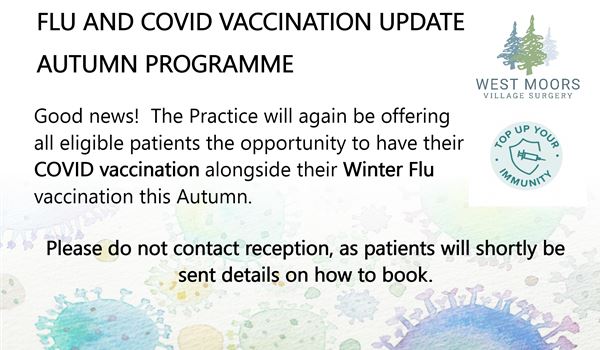 The West Moors Village Surgery logo and a badge that reads Top Up Your Immunity along with the same wording as the website content