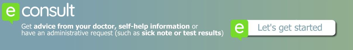 the econsult logo and the words Get advice from your doctor, self-help information or have an administrative request (such as sick not or test results)
