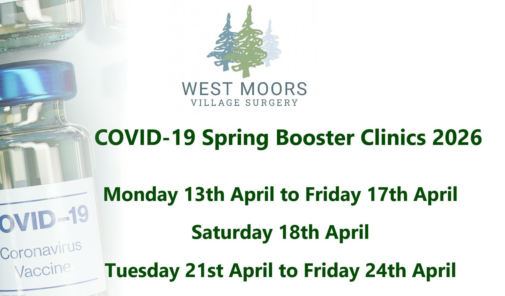 vials of Covid vaccine, the Practice logo and the words Covid 19 Spring Booster Clinics 2026 with clinic dates